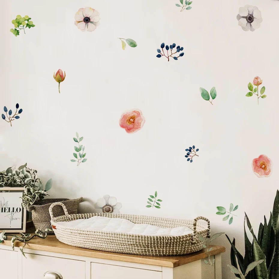 Watercolor Boho Green Leaves & Flowers Hand Drawn Wall Stickers