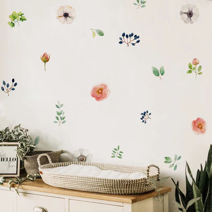 Watercolor Boho Green Leaves & Flowers Hand Drawn Wall Stickers